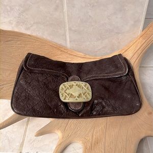Tracy Reese New York Brown Clutch Pebbled Leather w/Faux Jade Closure